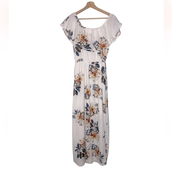 Summer Floral Dress One-Shoulder Flower and Leaf Printed Splicing Sisters Maxi - Picture 5 of 5